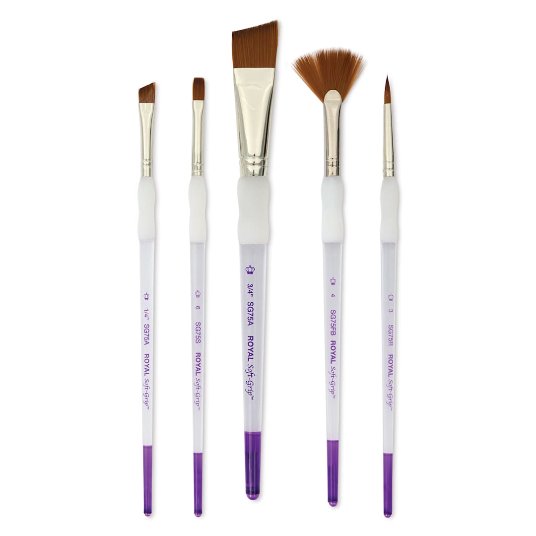 Open in modal - Royal & Langnickel Soft Grip Synthetic Sable Brushes - Angular Variety, Short Handle, Set of 5