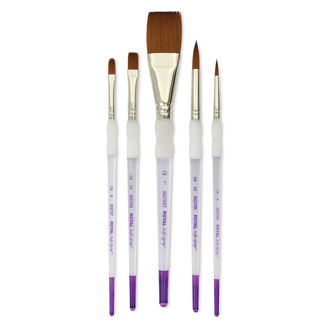 Open in modal - Royal & Langnickel Soft Grip Synthetic Sable Brushes - Flat Variety, Short Handle, Set of 5