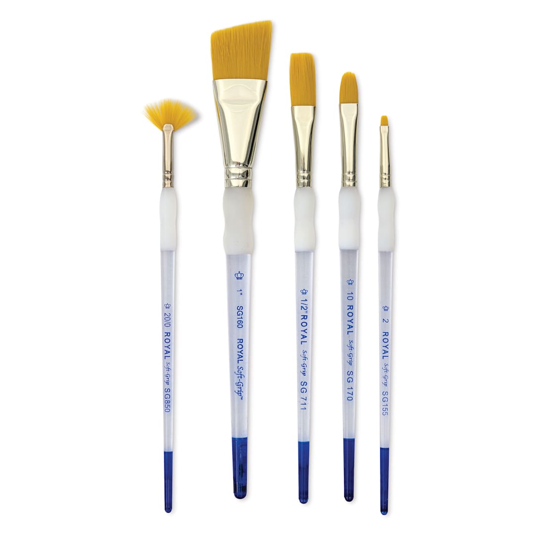 Open in modal - Royal & Langnickel Soft Grip Golden Taklon Brushes - Short Handle, Set of 5