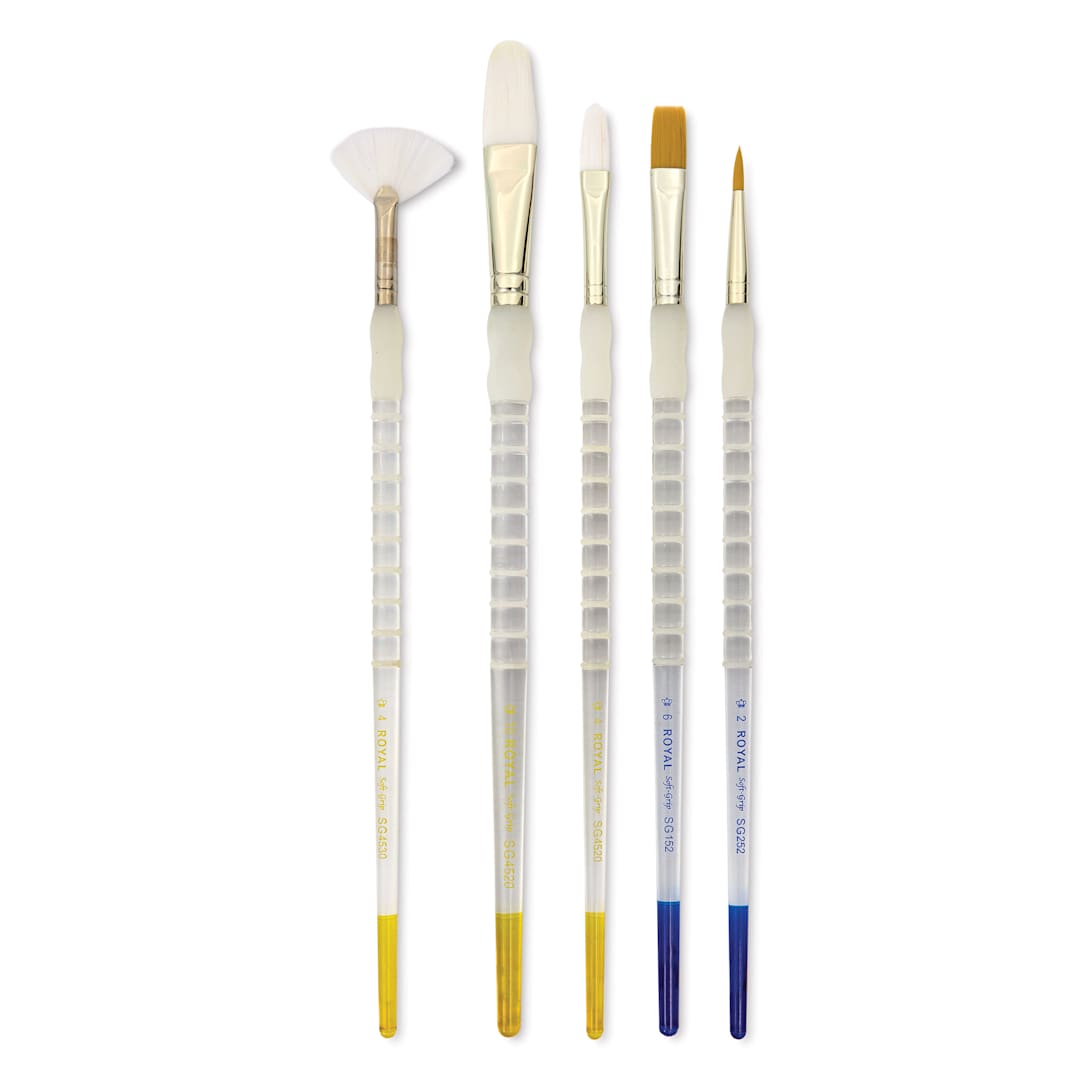 Open in modal - Royal & Langnickel Soft Grip White and Golden Taklon Brushes - Set 501, Set of 5