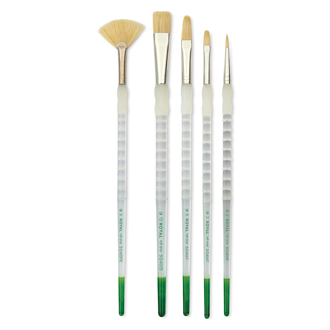 Open in modal - Royal & Langnickel Soft Grip White Hog Bristle Value Brushes - SG505, Set of 5