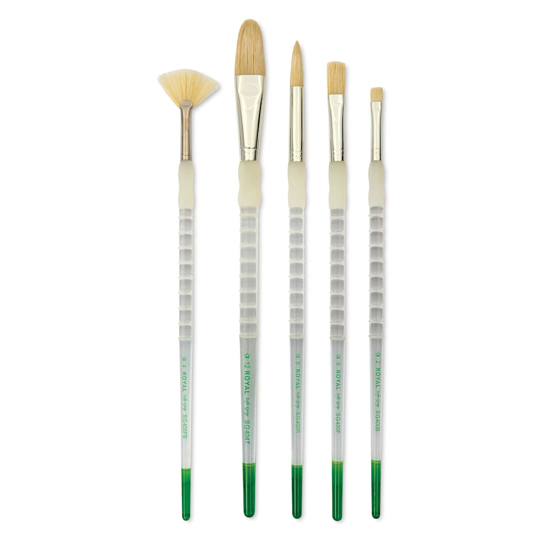 Open in modal - Royal & Langnickel Soft Grip White Hog Bristle Value Brushes - SG506, Set of 5