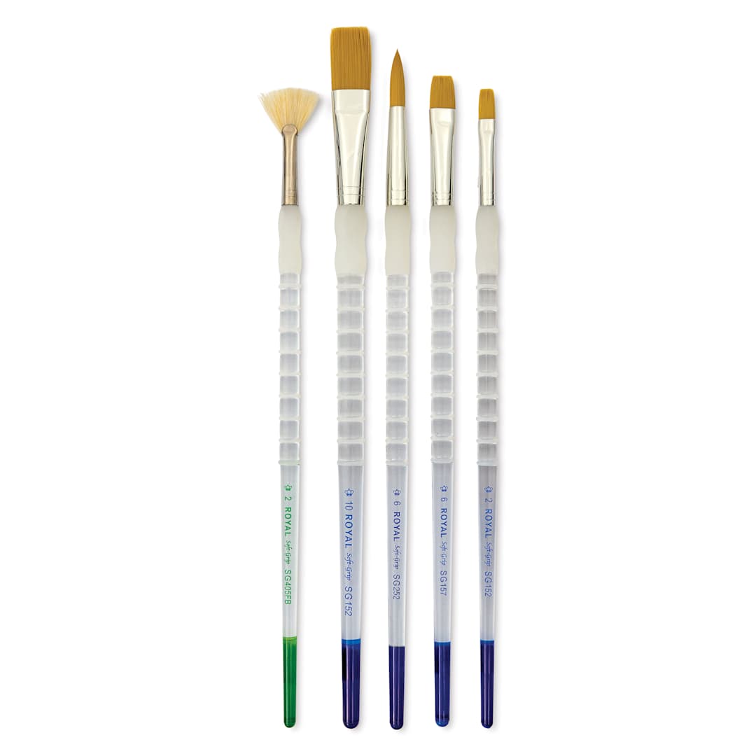 Open in modal - Royal & Langnickel Soft Grip White Bristle and Golden Taklon Brushes - Set 503, Set of 5