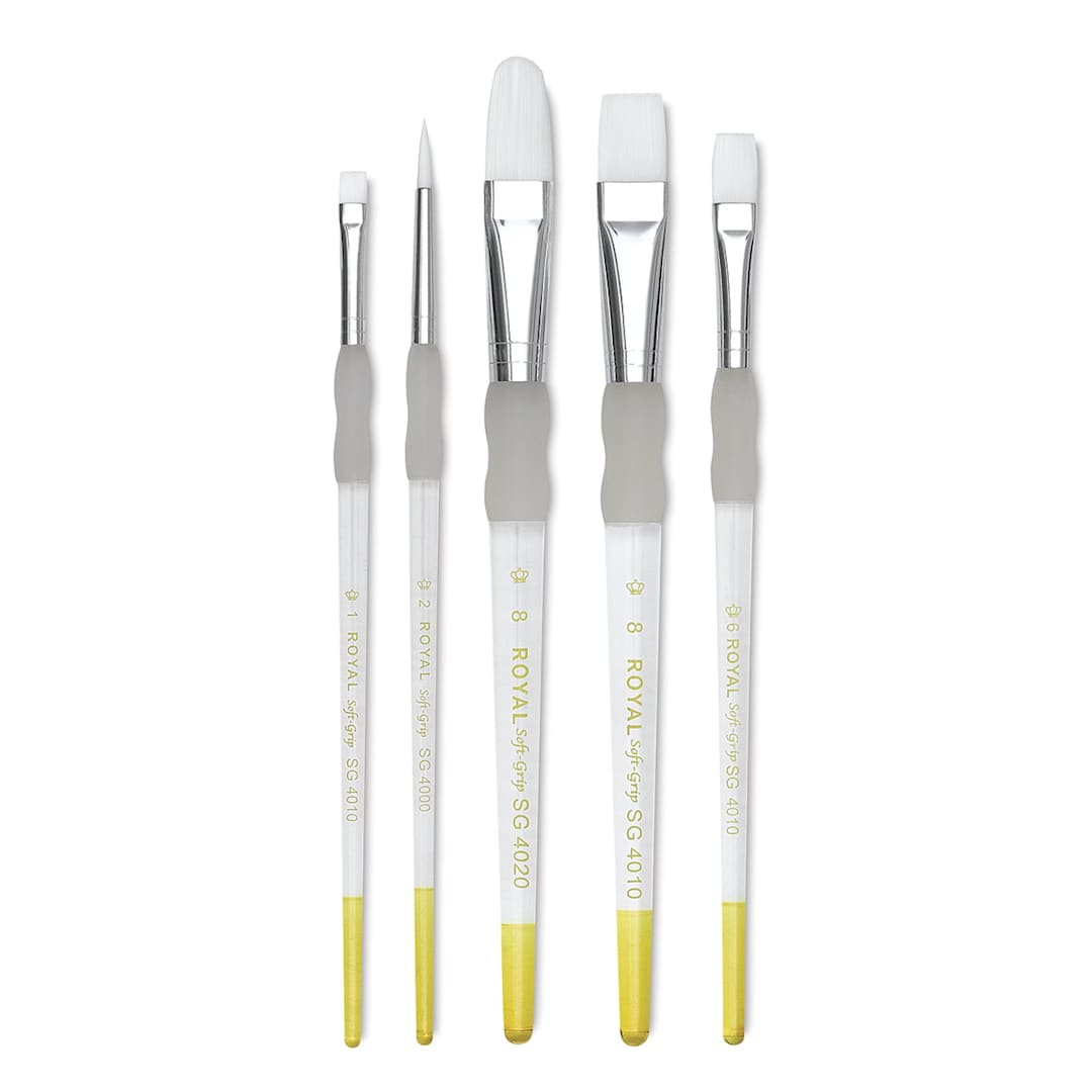 Open in modal - Royal & Langnickel Soft Grip White Taklon Brushes - Set 305, Short Handle, Set of 5, laid out