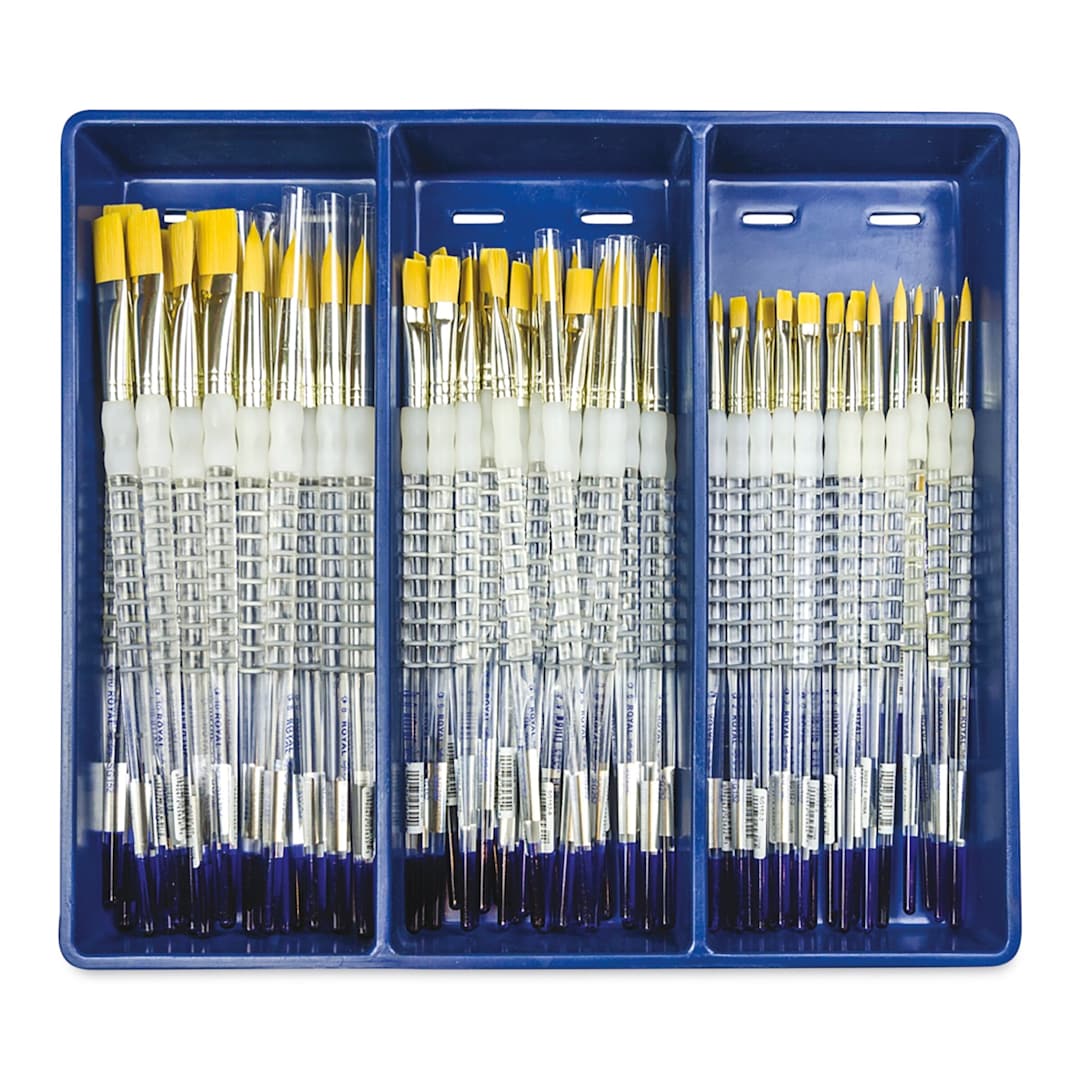 Open in modal - Royal Langnickel Soft Grip Golden Taklon Brush Set - Class Pack, Flats and Rounds, Set of 72 (in tray)