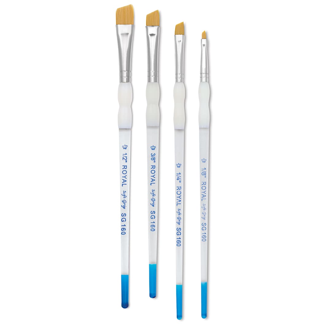 Open in modal - Royal & Langnickel Soft Grip Golden Taklon Angular Brushes laid out