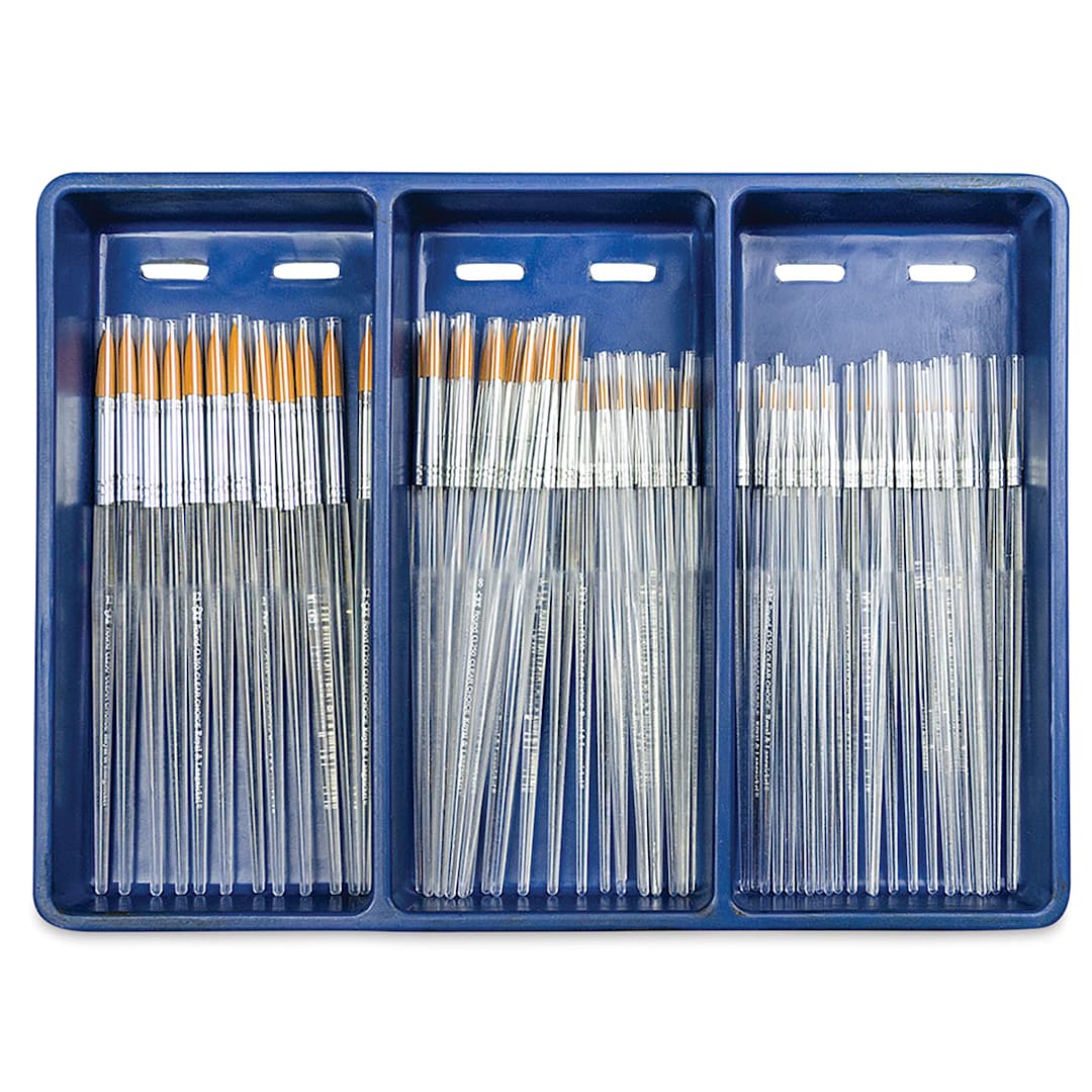 Open in modal - Royal Langnickel Clear Choice Brush Set - Golden Taklon, Round, Set of 60, Short Handle, in open packaging 