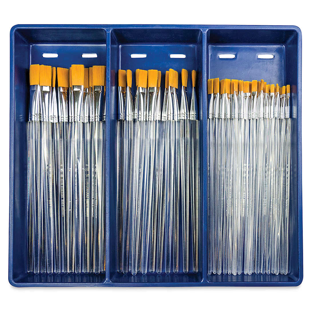 Open in modal - Royal Langnickel Clear Choice Brush Set - Golden Taklon, Flat, Set of 60, Long Handle (in tray)