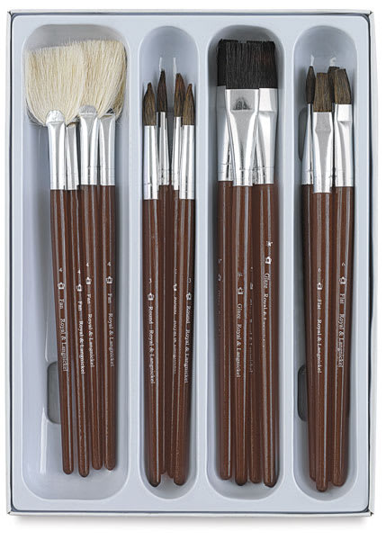 Open in modal - Ceramic Glaze Brushes Classroom Value Pack - Set of 16 brushes shown in package tray
