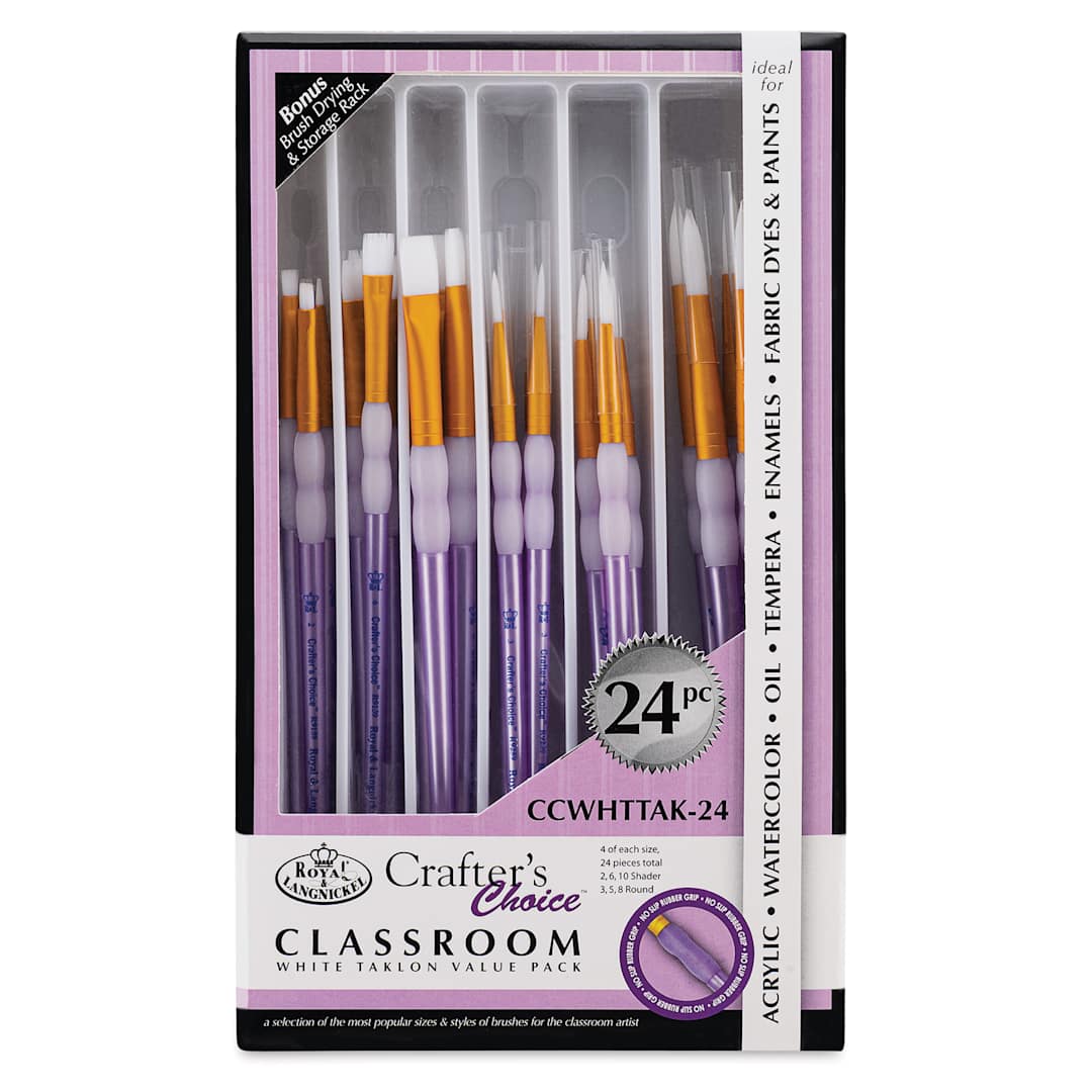 Open in modal - Royal & Langnickel Crafter's Choice White Taklon Brushes - Classroom Value Pack, front of packaging