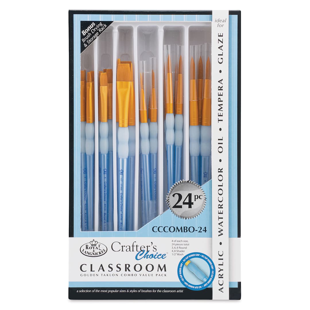 Open in modal - Royal & Langnickel Crafter's Choice Golden Taklon Classroom Pack - Round, Shader and Wash, Pkg of 24