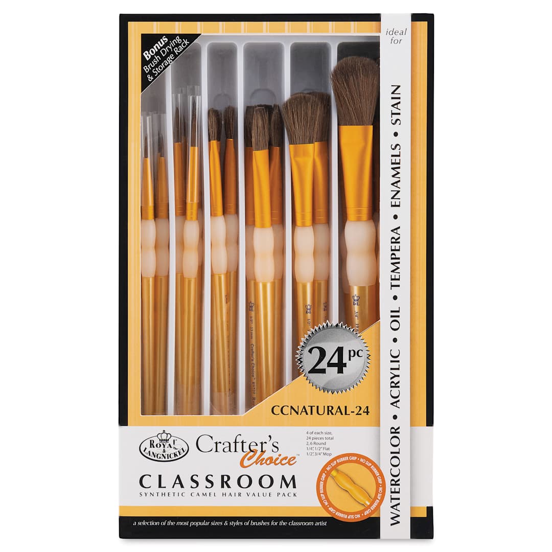 Open in modal - Royal & Langnickel Crafter's Choice Synthetic Camel Hair Brushes - Classroom Value Pack, Set of 24