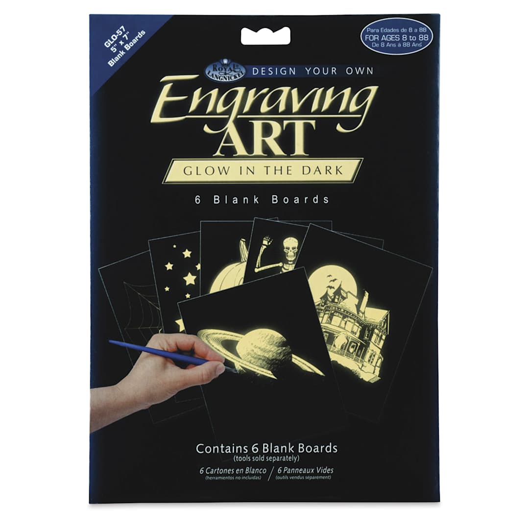 Open in modal - Royal & Langnickel Engraving Art Blank Board - Glow in the Dark, 5" x 7", Pkg of 6 - front of packaging