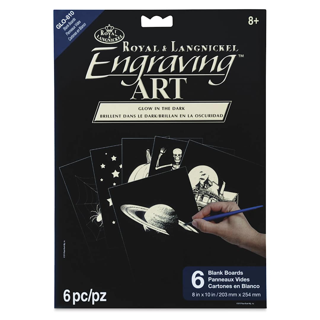 Open in modal - Royal & Langnickel Engraving Art Blank Board - Glow in the Dark, 8" x 10", Pkg of 6 - front of packaging