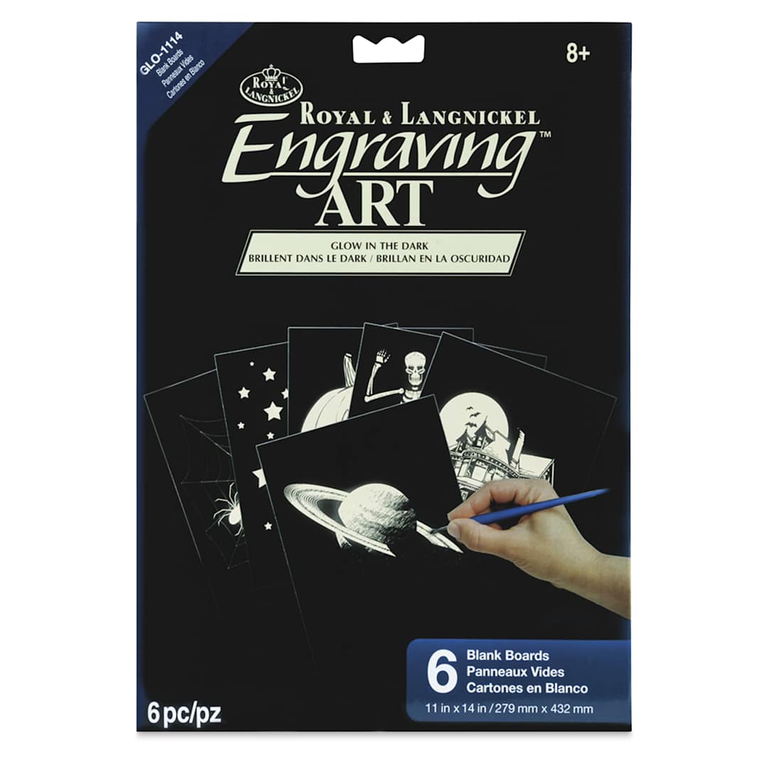 Open in modal - Royal & Langnickel Engraving Art Blank Board - Glow in the Dark, 11" x 14", Pkg of 6 - front of packaging