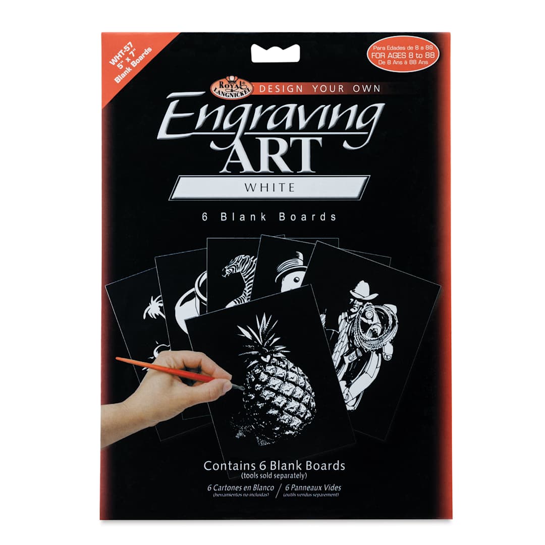 Open in modal - Royal & Langnickel Engraving Art Blank Board - White Foil, 5" x 7", Pkg of 6 front of packaging