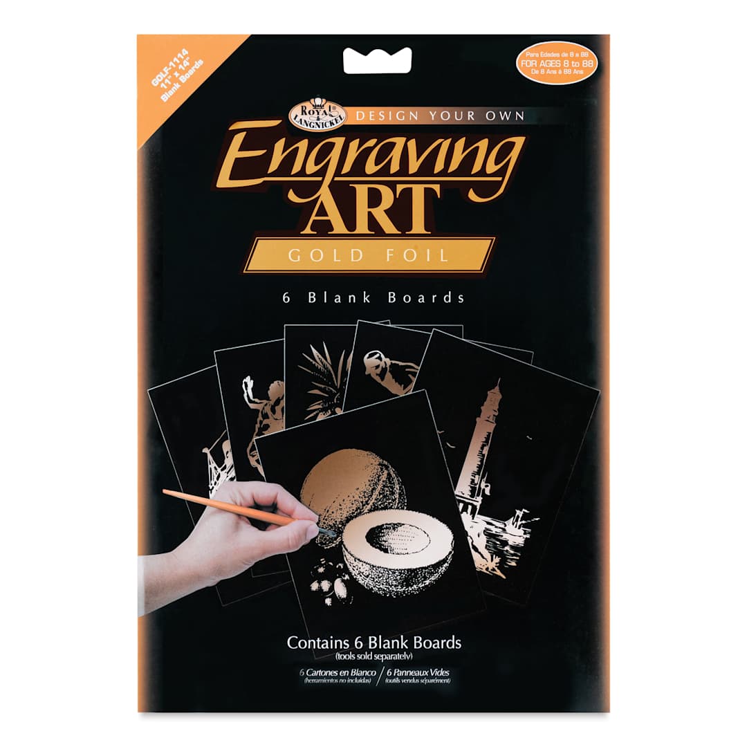 Open in modal - Royal & Langnickel Engraving Art Blank Board - Gold Foil, 11" x 14", Pkg of 6 front of packaging