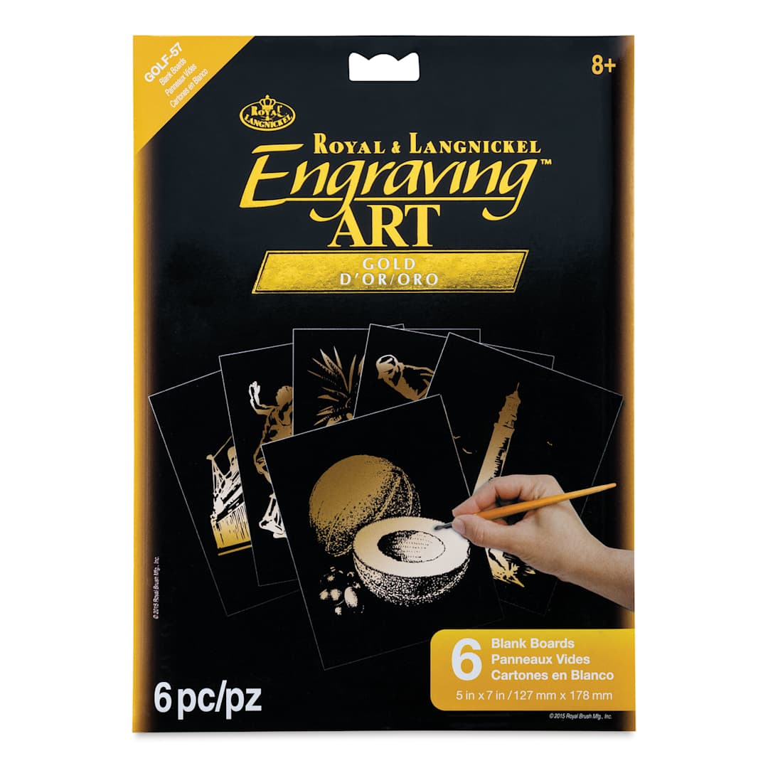 Open in modal - Royal & Langnickel Engraving Art Blank Board - Gold Foil, 5" x 7", Pkg of 6 front of packaging