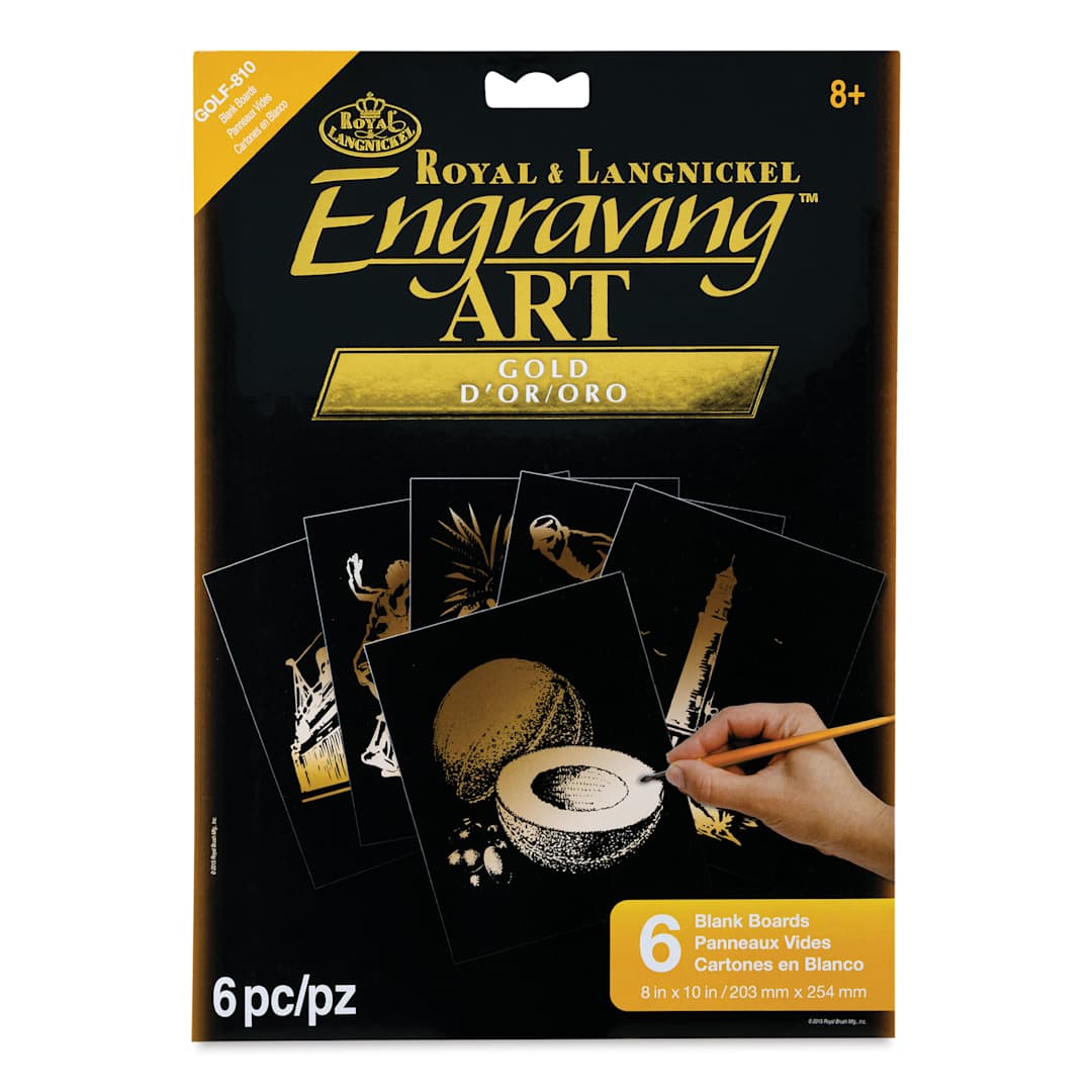 Open in modal - Royal & Langnickel Engraving Art Scratch Board - Gold Foil, 8" x 10", Pkg of 6 front of packaging