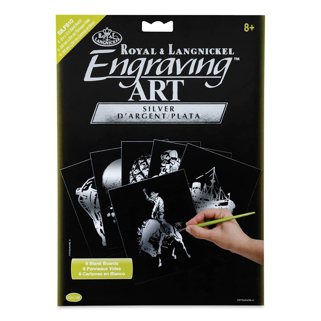 Open in modal - Royal & Langnickel Engraving Art Blank Board - Silver Foil, 8" x 10", Pkg of 6 front of packaging