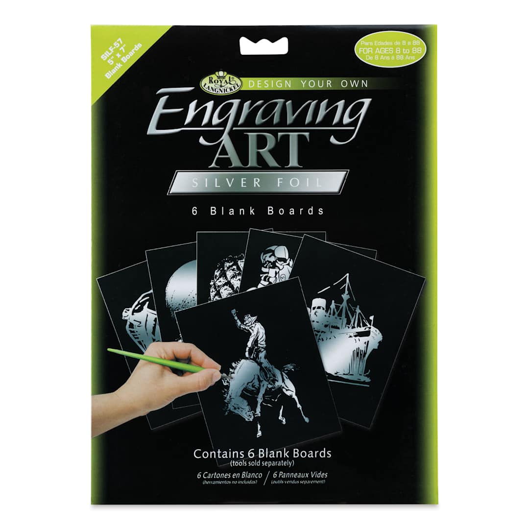Open in modal - Royal & Langnickel Engraving Art Blank Board - Silver Foil, 5" x 7", Pkg of 6 front of packaging