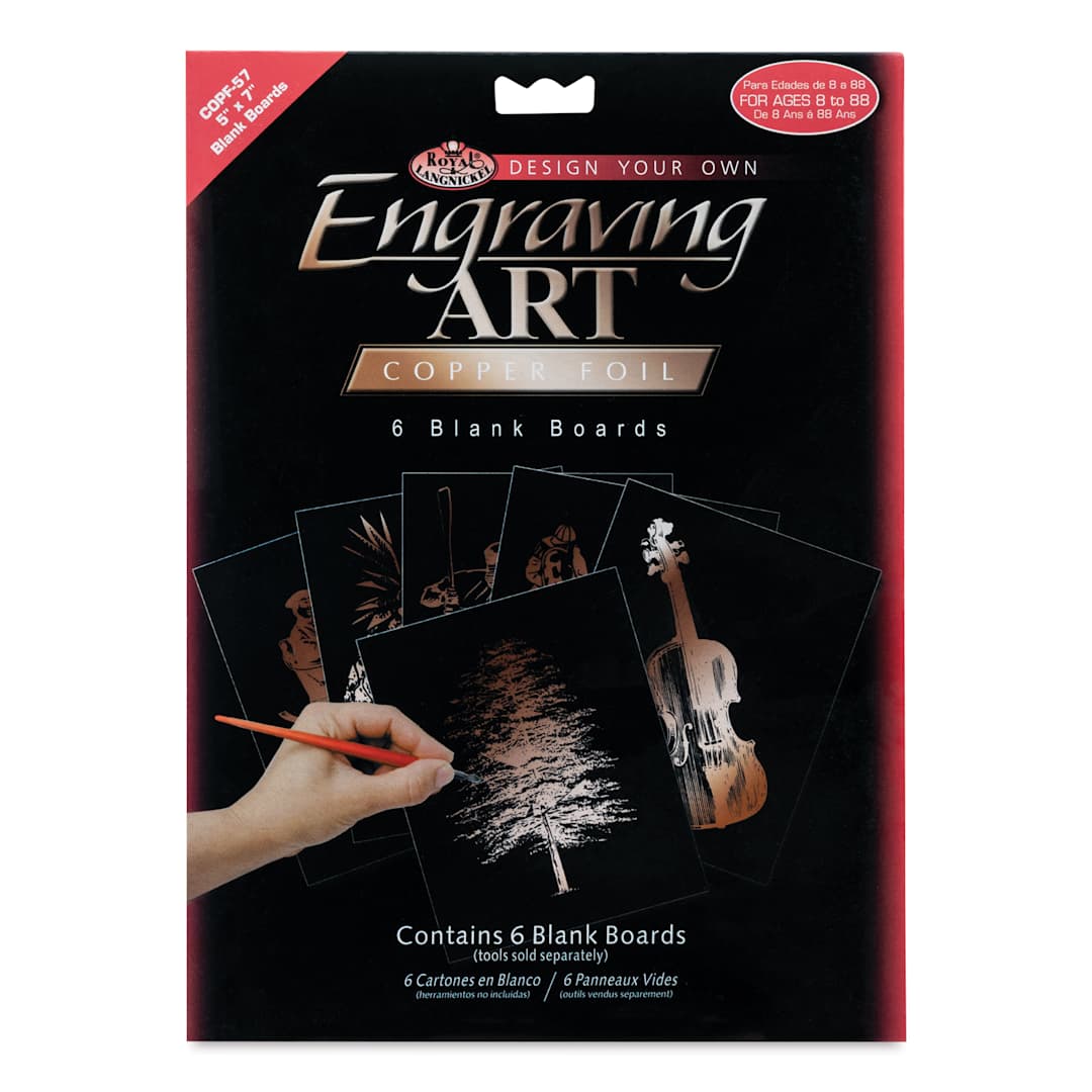 Open in modal - Royal & Langnickel Engraving Art Blank Board - Copper Foil, 5" x 7", Pkg of 6 front of packaging