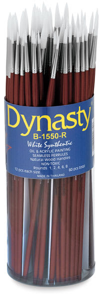 Open in modal - Dynasty Synthetic White Bristle Brush Canister - 60 Rounds with long handle shown in open Canister