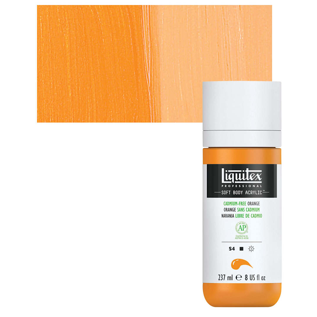 Open in modal - Liquitex Soft Body Artist Acrylic - Cadmium-Free Orange, 237 ml bottle and swatch
