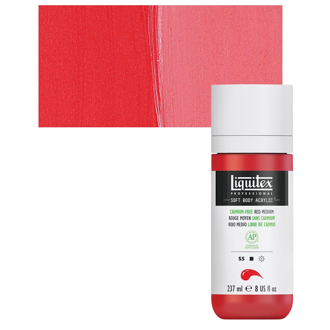 Open in modal - Liquitex Soft Body Artist Acrylic - Cadmium-Free Red Medium, 237 ml bottle and swatch
