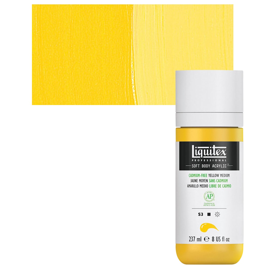 Open in modal - Liquitex Soft Body Artist Acrylic - Cadmium-Free Yellow Medium, 237 ml bottle and swatch