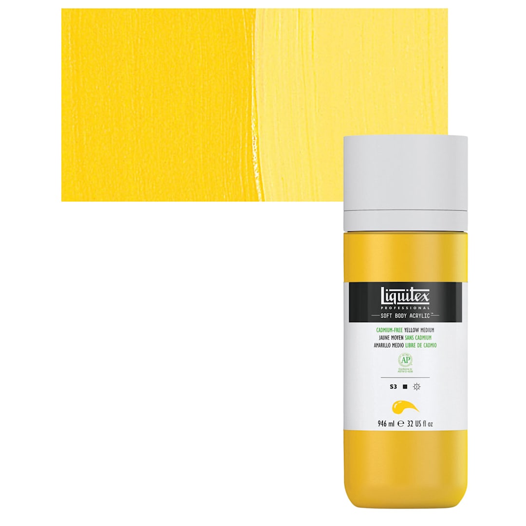 Open in modal - Liquitex Soft Body Artist Acrylic - Cadmium-Free Yellow Medium, 946 ml bottle and swatch