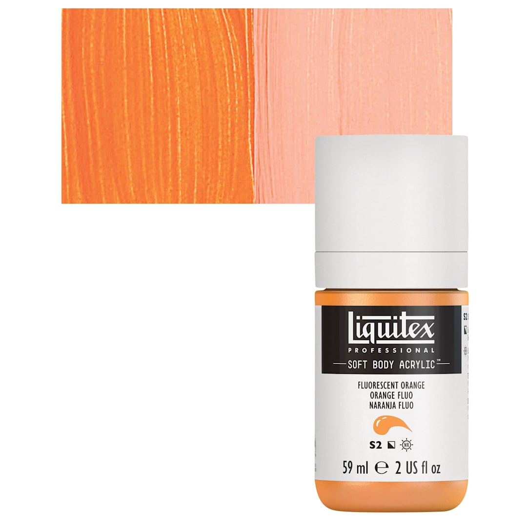 Open in modal - Liquitex Soft Body Artist Acrylic - Fluorescent Orange, 59 ml bottle and swatch