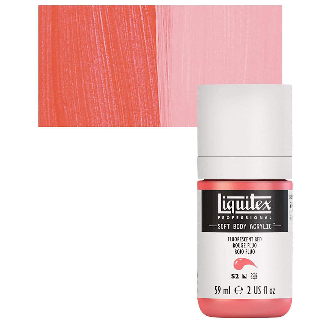 Open in modal - Liquitex Soft Body Artist Acrylic - Fluorescent Red, 59 ml bottle and swatch