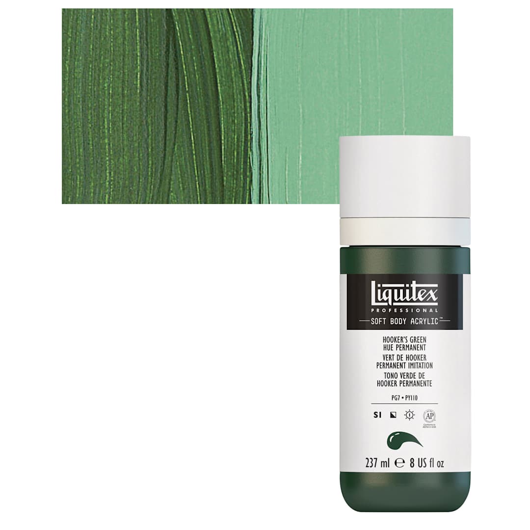 Open in modal - Liquitex Soft Body Artist Acrylic - Hooker's Green Hue Permanent, 237 ml bottle and swatch