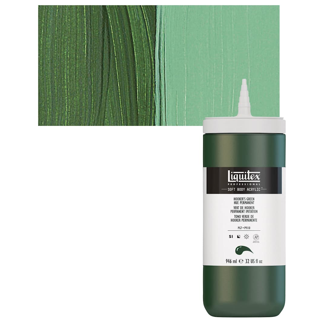 Open in modal - Liquitex Soft Body Artist Acrylic - Hookers Green Hue Permanent, 946 ml bottle and swatch