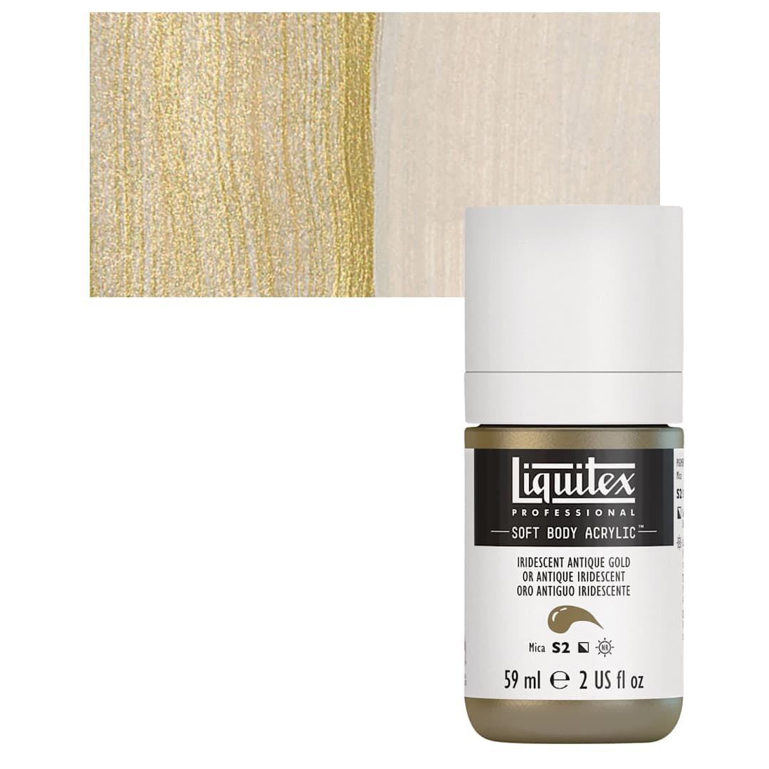 Open in modal - Liquitex Soft Body Artist Acrylic - Iridescent Antique Gold, 59 ml bottle and swatch
