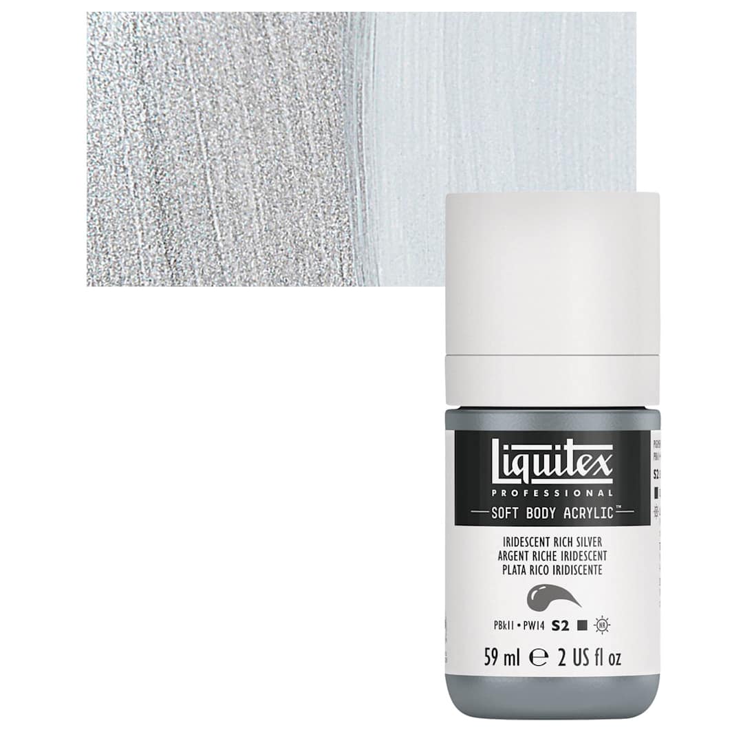 Open in modal - Liquitex Soft Body Artist Acrylic - Iridescent Rich Silver, 59 ml bottle and swatch