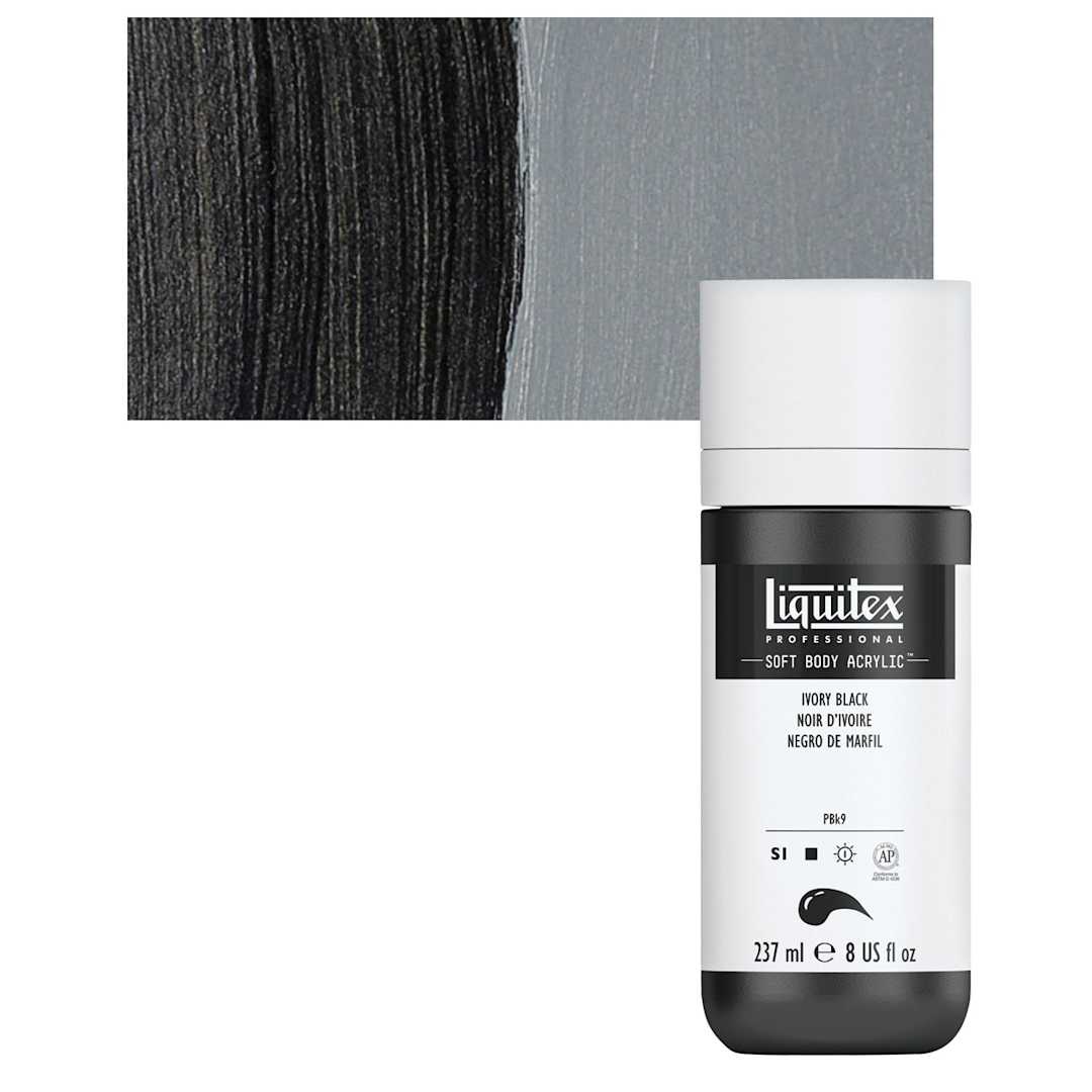 Open in modal - Liquitex Soft Body Artist Acrylic - Ivory Black, 237 ml bottle and swatch