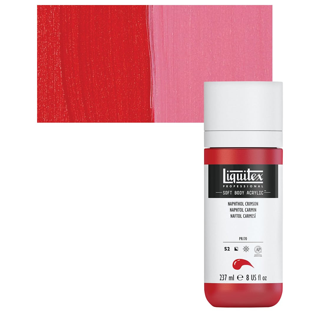 Open in modal - Liquitex Soft Body Artist Acrylic - Naphthol Crimson, 237 ml bottle and swatch