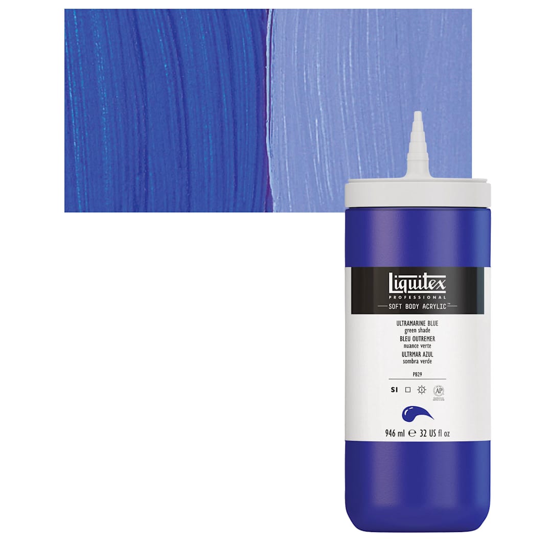 Open in modal - Liquitex Soft Body Artist Acrylic - Ultramarine Blue Green Shade, 946 ml bottle and swatch