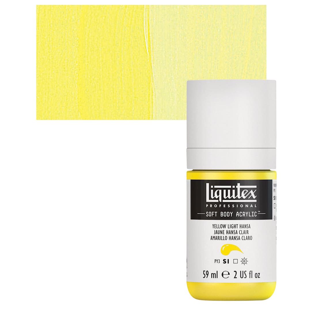Open in modal - Liquitex Soft Body Artist Acrylic - Yellow Light Hansa, 59 ml bottle and swatch