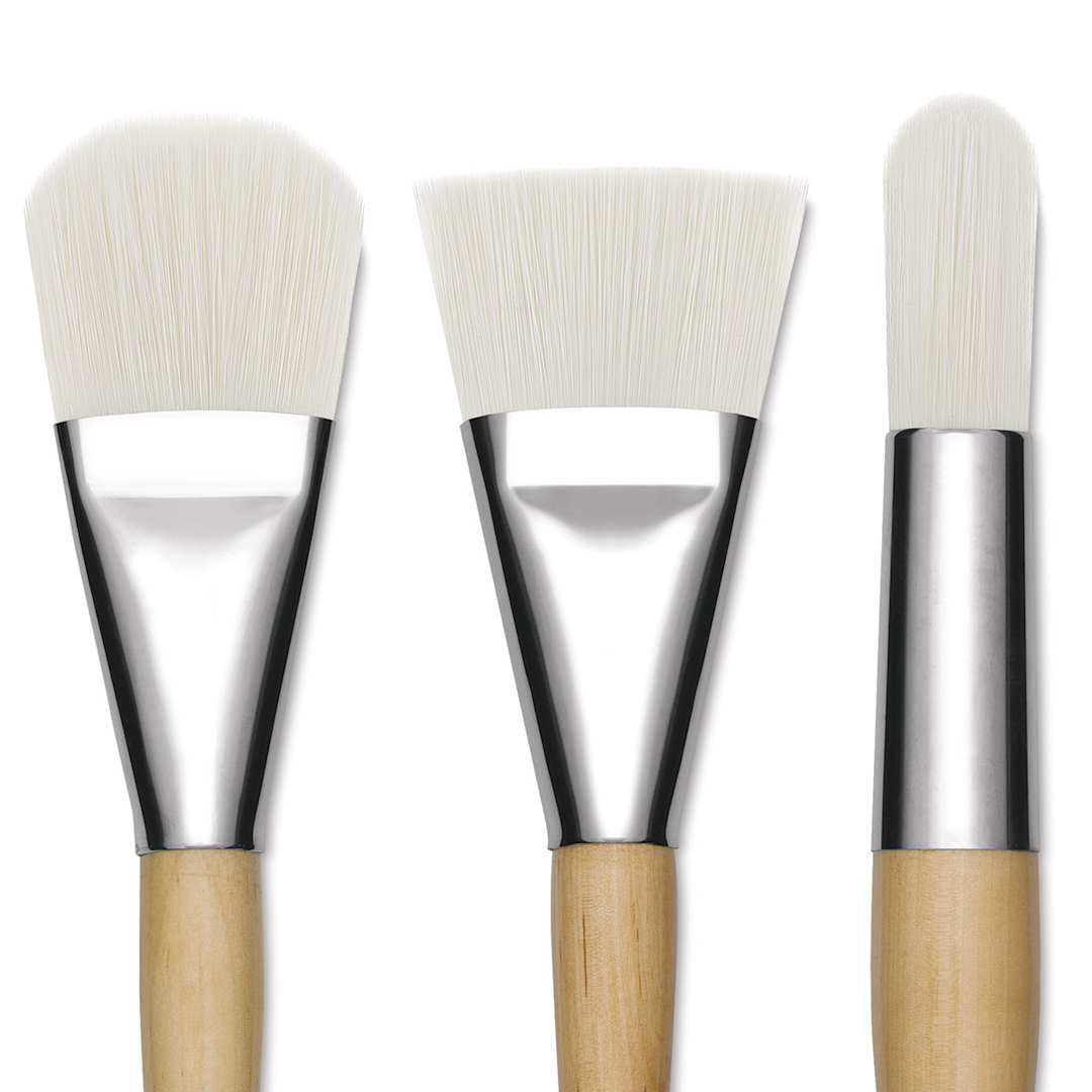 Open in modal - Blick Mega White Synthetic Brushes - Close-up of filbert, flat, and round brush tips