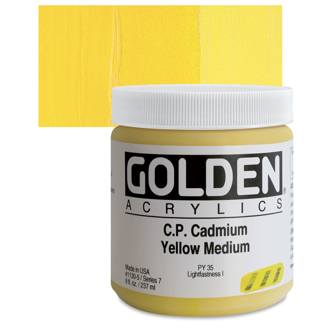 Open in modal - Golden Heavy Body Artist Acrylic - Cadmium Yellow Medium, 8 oz Jar and swatch