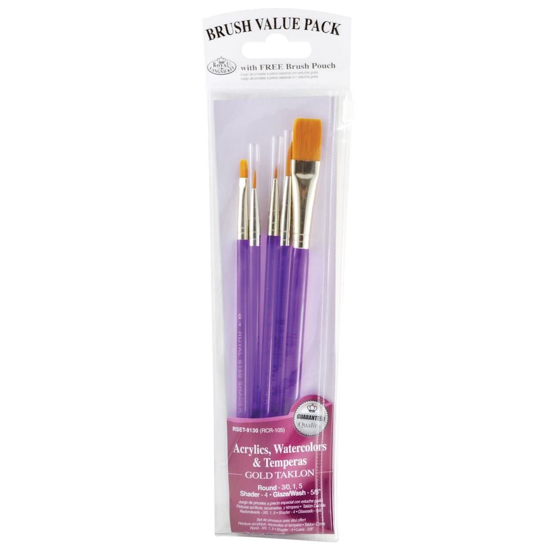 Open in modal - Royal Brush Zip N' Close Brush Set, Golden Taklon, 5-Brush Set Round