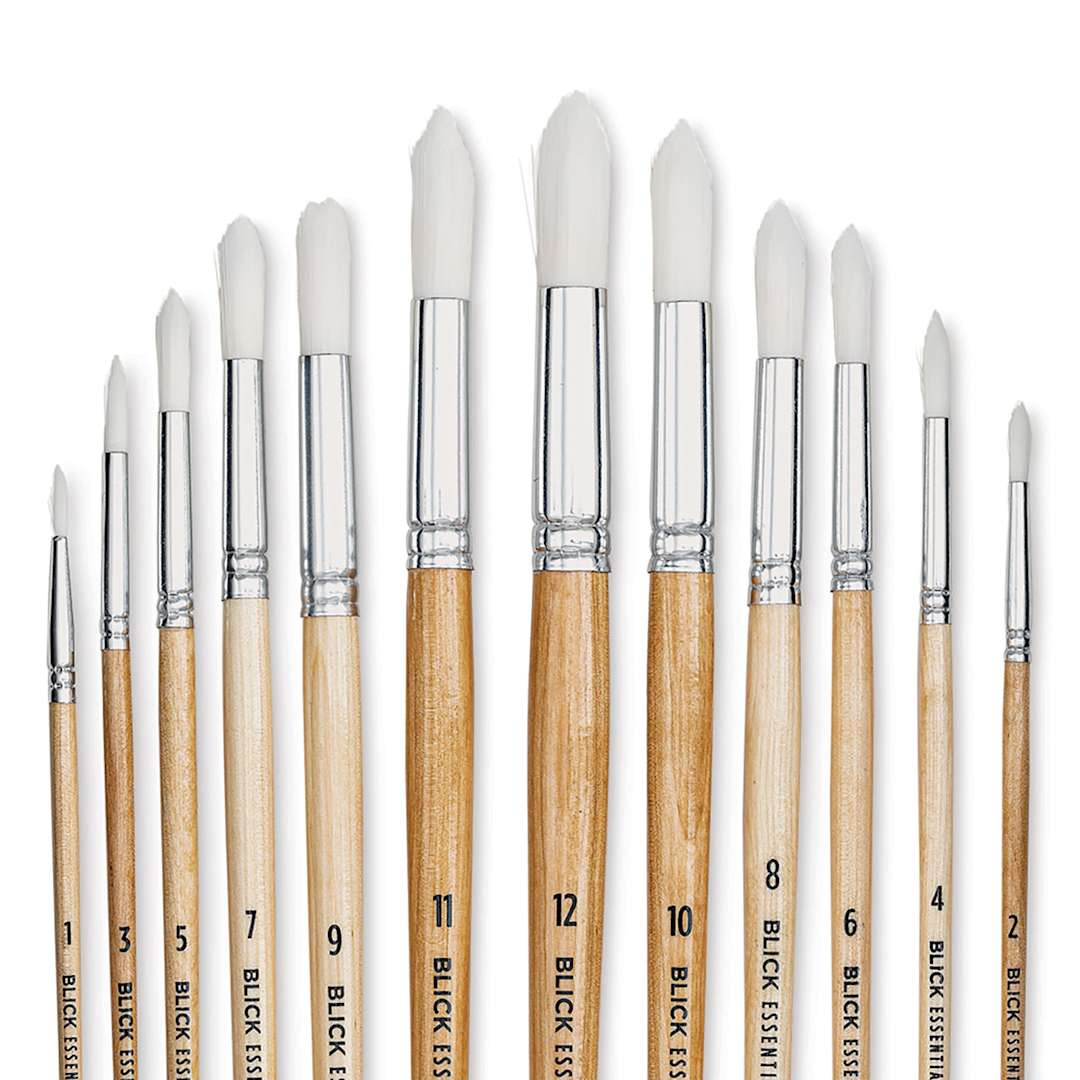 Open in modal - Blick Essentials Value Brush Set - Round Brushes, White Nylon, Set of 12 (close-up of brushes)