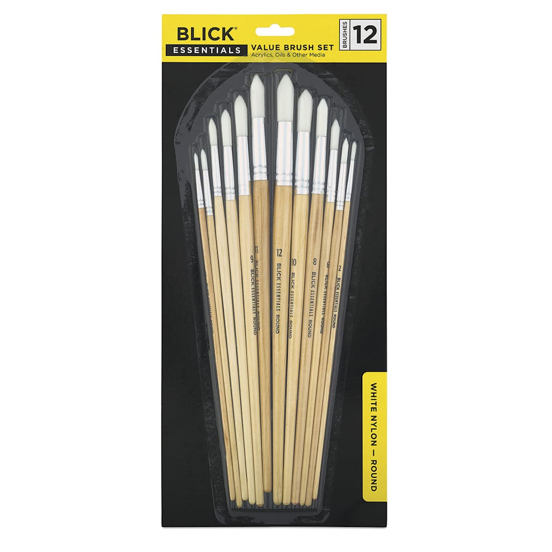 Open in modal - Blick Essential White Nylon Value Brush Sets - 12 Round, Assorted, Long Handle. Front of package.