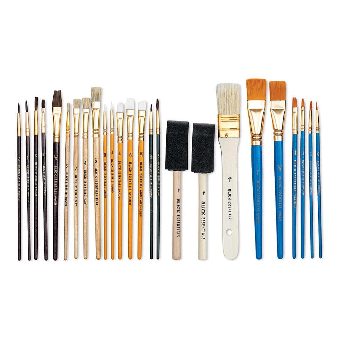 Open in modal - Blick Essentials Craft Brush Value Set. Row of 25 brushes in variety of sizes, shapes, and hairs.  