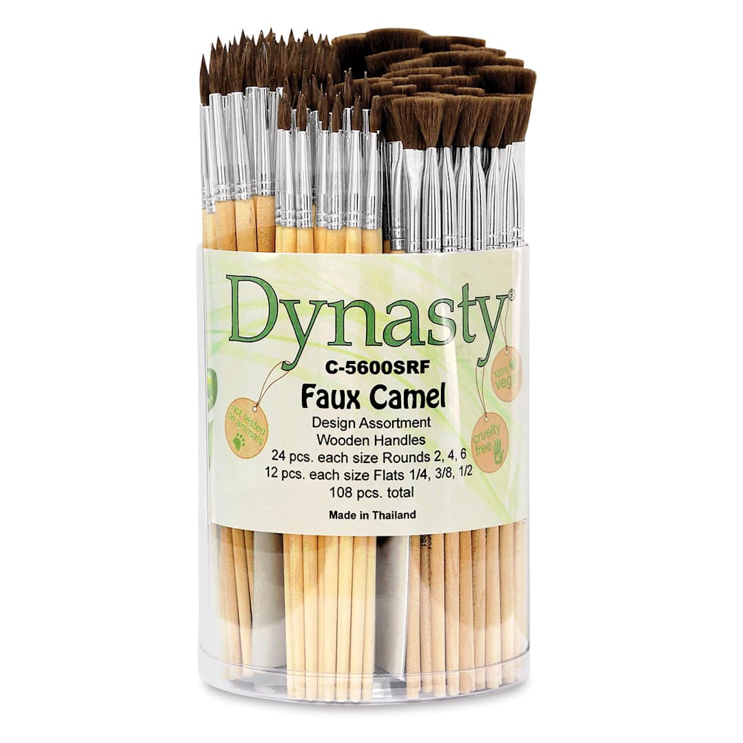 Open in modal - Dynasty Faux Camel Watercolor Canister - Front view of 108 pc Flat and Round Brush canister