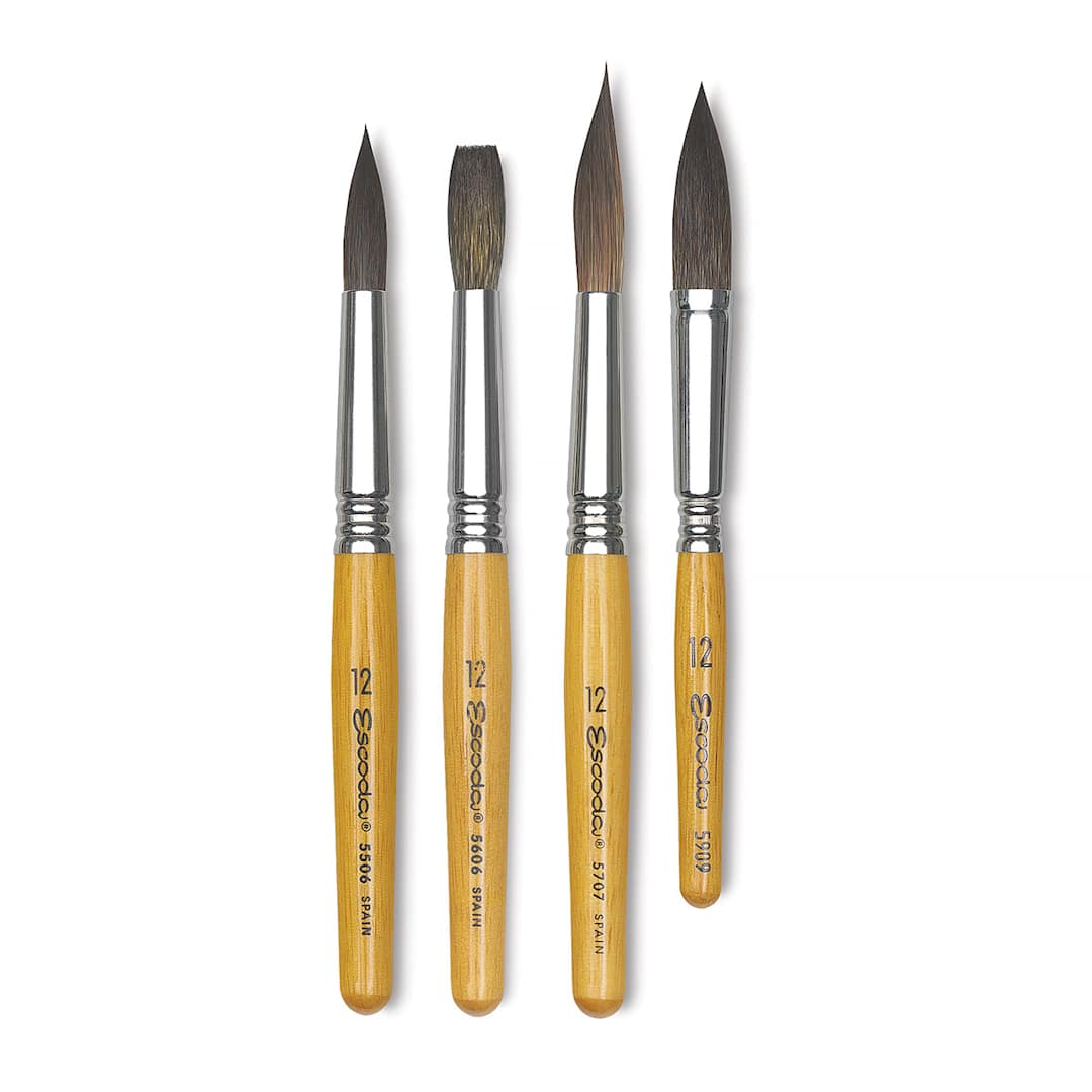 Open in modal - Escoda Squirrel Hair Ceramic Brushes - 4 styles of brushes shown upright
