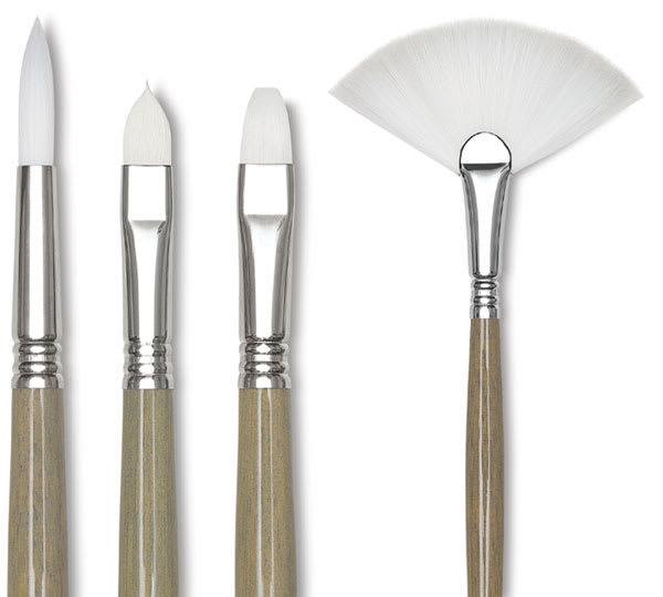 Open in modal - Escoda Perla Toray White Synthetic Brushes - Closeup of 4 styles of brushes
